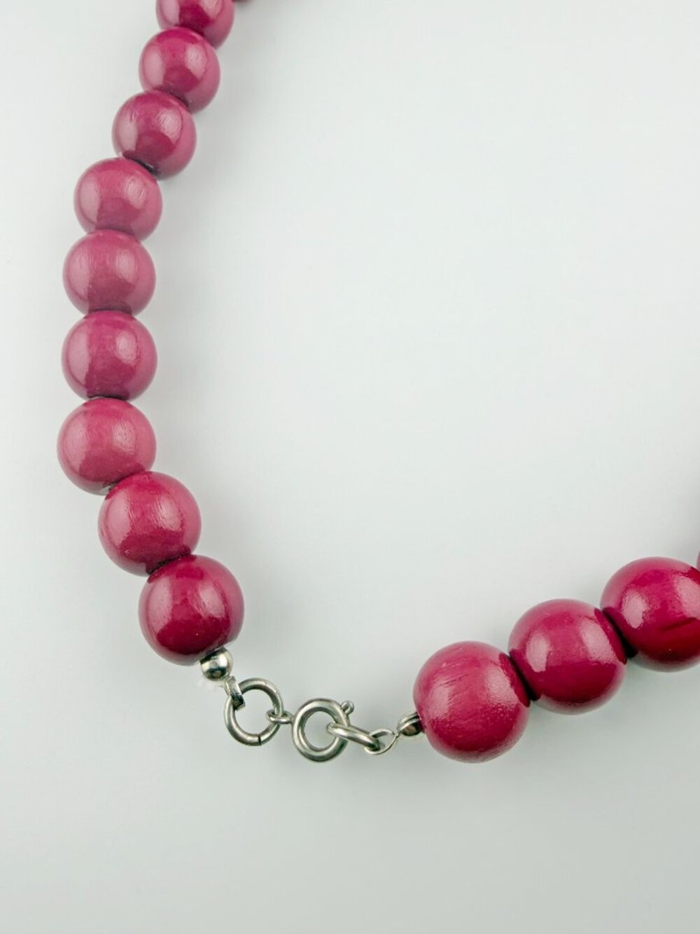 Vibrant Magenta Pink Wood Bead Necklace - 29” Long - Boho Statement - Picture 4 of 7